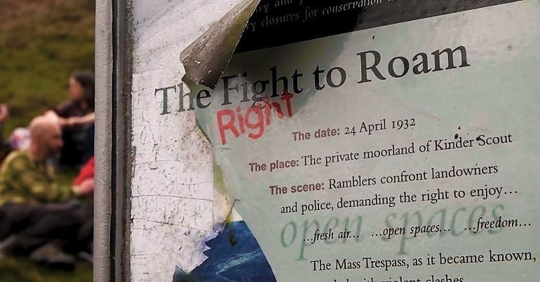 A sign recognising the Mass Trespass protest of 1932