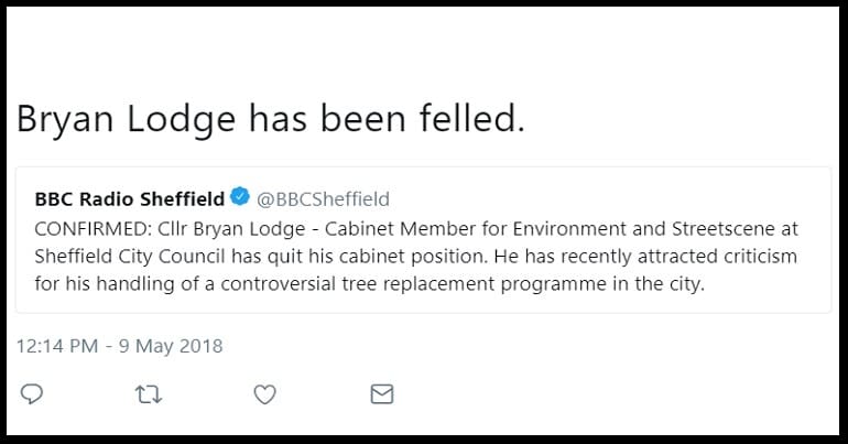 A tweet about the resignation of a Sheffield Labour councillor