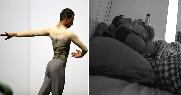 Anil van dee Zer shown when he was a ballet dancer and another of him now in bed