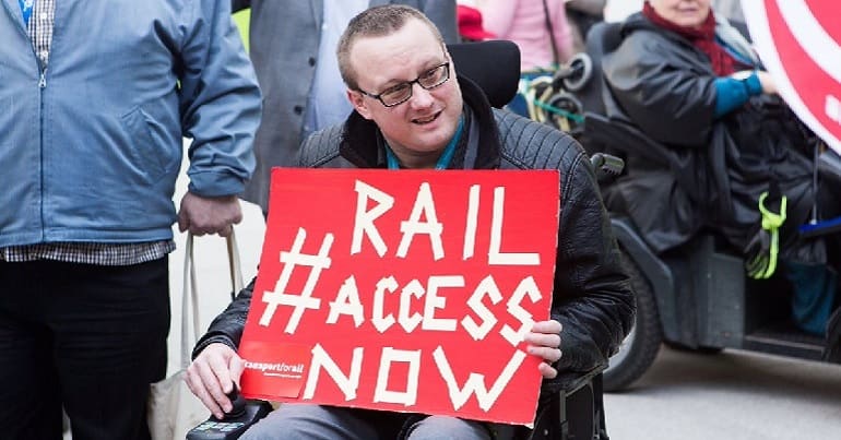 Disabled people protesting about rail access