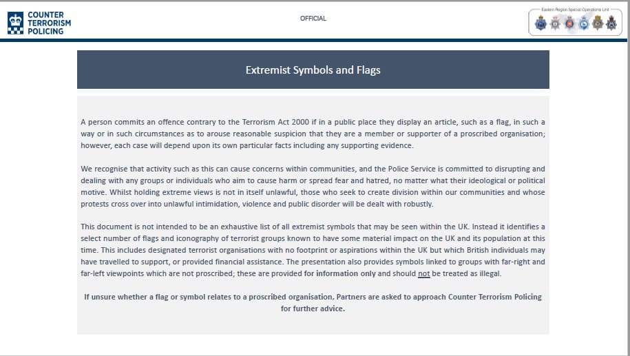 Introductory page pf Extremist Symbols and Flags document