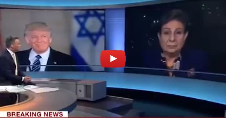 Hanan Ashrawi alongside an image of Trump and the flag of Israel