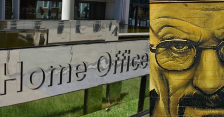 Sign outside the Home Office, and picture of Walter White from Breaking Bad