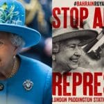 The Queen and image of protest taking place at the Royal Windsor Horse Show