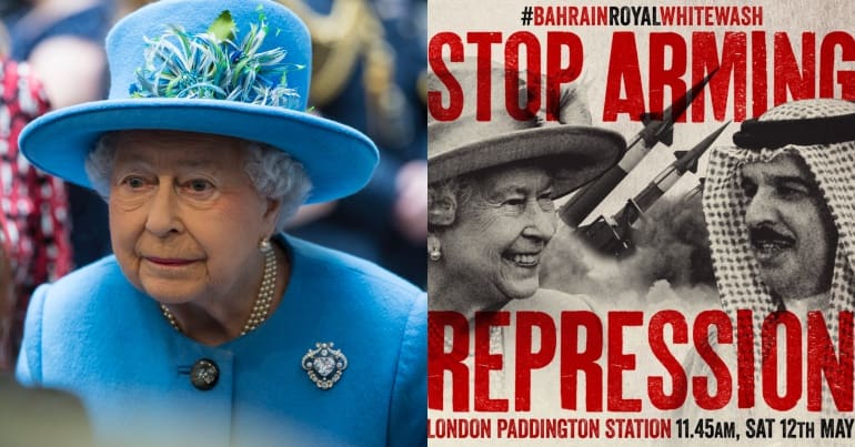The Queen and image of protest taking place at the Royal Windsor Horse Show