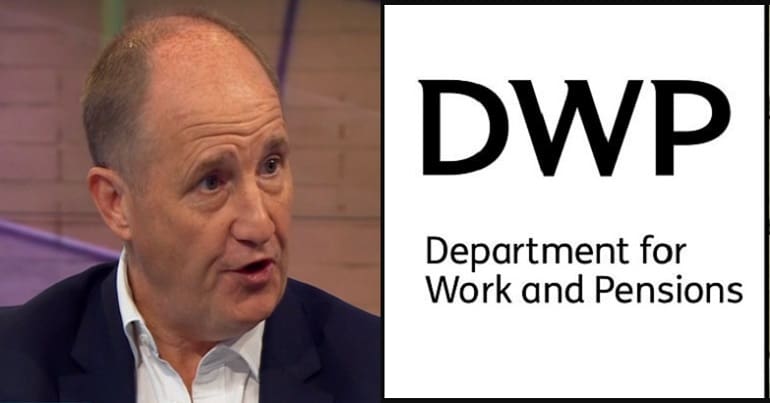 The Conservative MP Kevin Hollinrake and the DWP logo