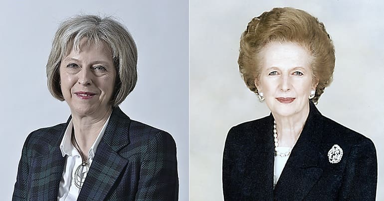 Portraits of Theresa May and Margaret Thatcher