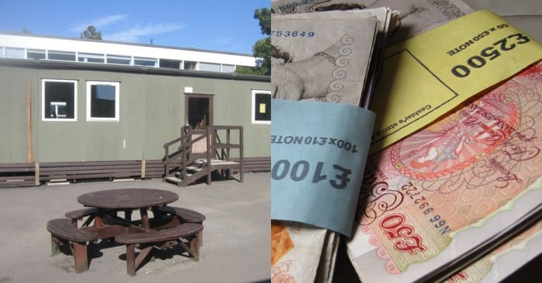 A run down temporary classroom and a pile of £50 notes