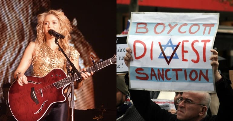 Shakira and man holding BDS sign