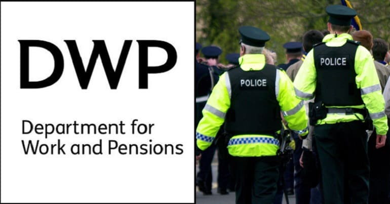 The DWP logo and and image of two police officers