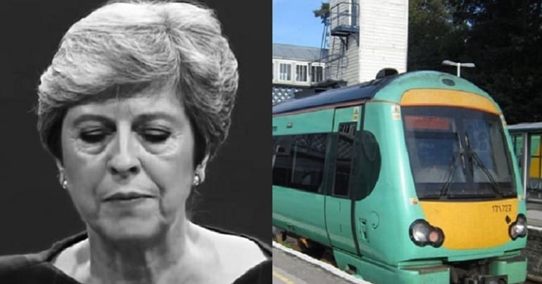 Theresa May and a Southern Rail train