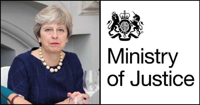 Theresa May and the Ministry of Justice logo