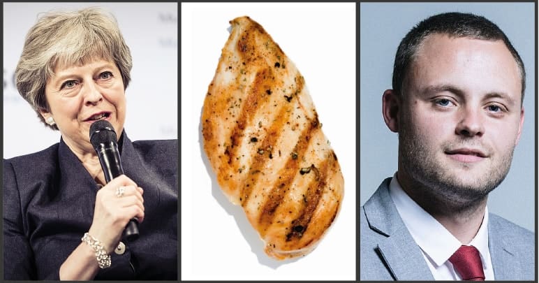 Images of Theresa May, a chicken breast, and Ben Bradley