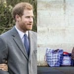 Meghan Markle and Prince Harry. A homeless person on the street with bags.