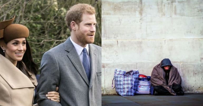 Meghan Markle and Prince Harry. A homeless person on the street with bags.