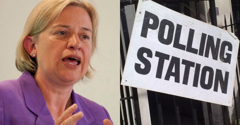Natalie Bennett and a sign outside a Polling Station.