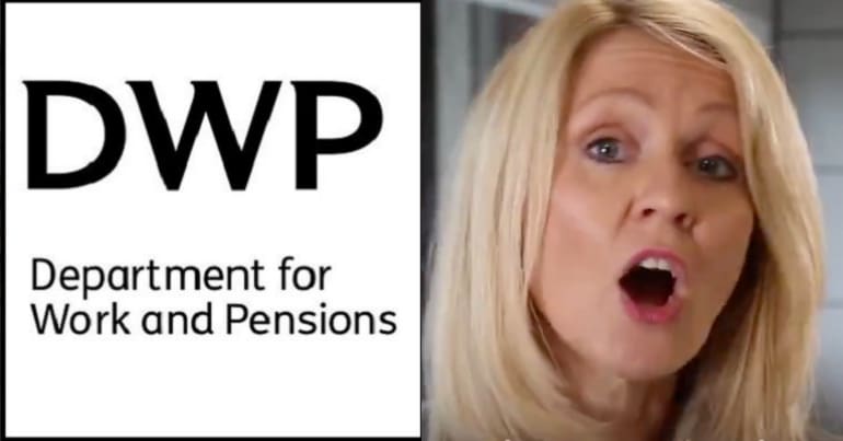 DWP logo and Esther McVey