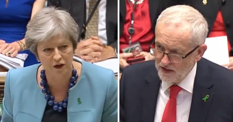 Theresa May and Jeremy Corbyn at PMQs