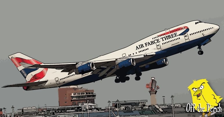 A plane with 'AIR FARCE THREE' written on the side