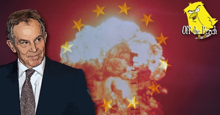 Tony Blair with an explosion and the EU flag behind him