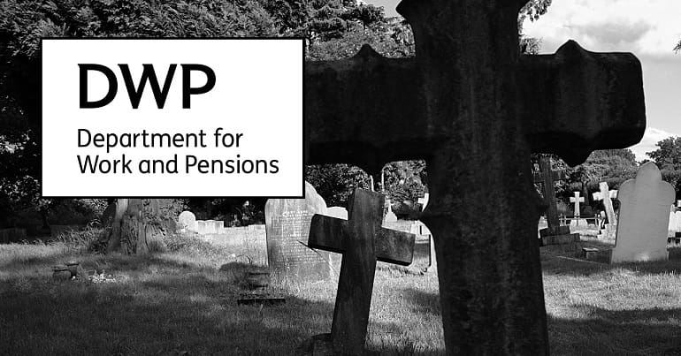 A graveyard and the DWP logo