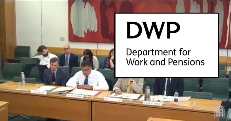 An image from a parliamentary committee meeting and the DWP logo