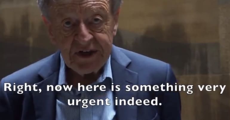 Lord Dubs with text saying, "Right, now here is something very urgent indeed"