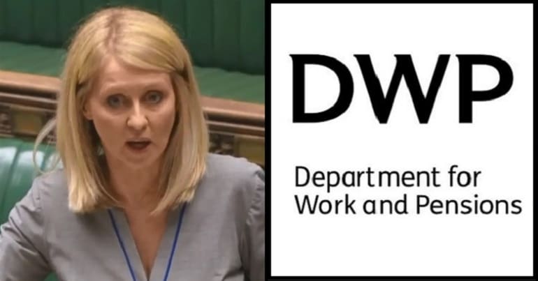 Esther McVey and the DWP logo
