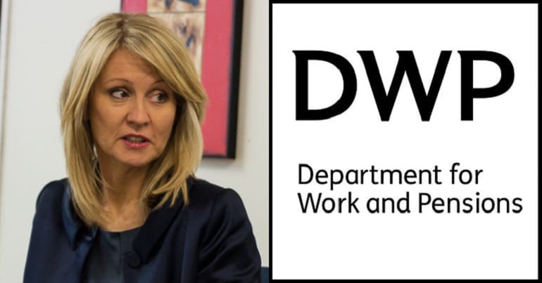 Esther McVey with the DWP logo