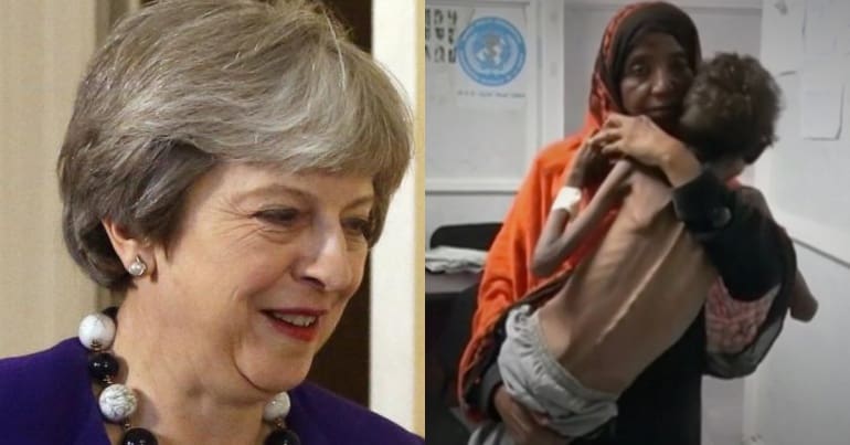 Theresa May and a woman and starving child in Hodeida, Yemen