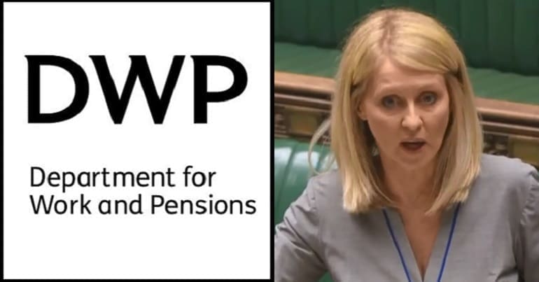 The DWP Logo and Esther McVey