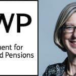 The DWP logo and Sarah Newton