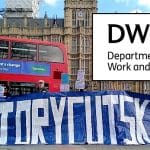 The DWP logo and a protest outside parliament by disabled people