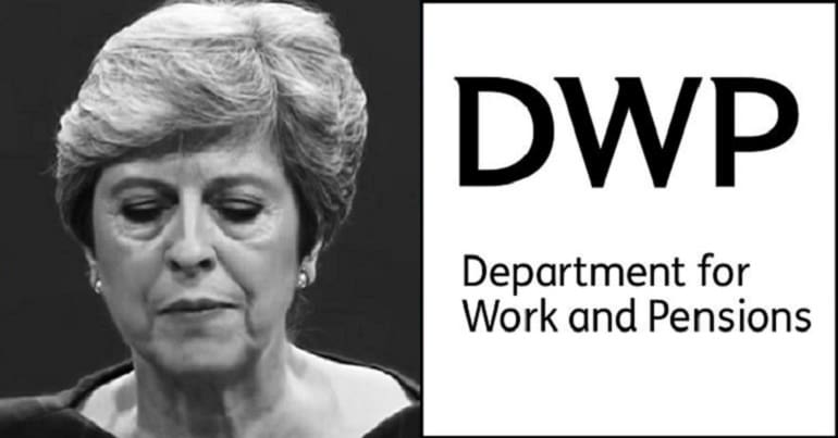 Theresa May and the DWP logo