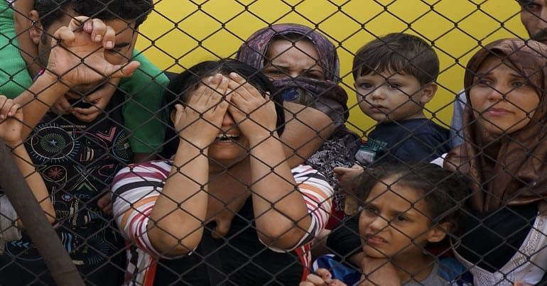 Women and children among Syrian refugees striking at the platform of Budapest Keleti railway station. Refugee crisis. Budapest, Hungary, Central Europe, 4 September 2015.