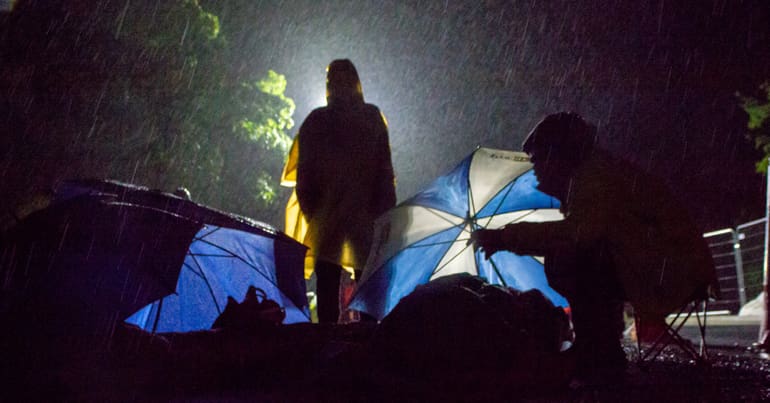 Night photo of a lock-on protest