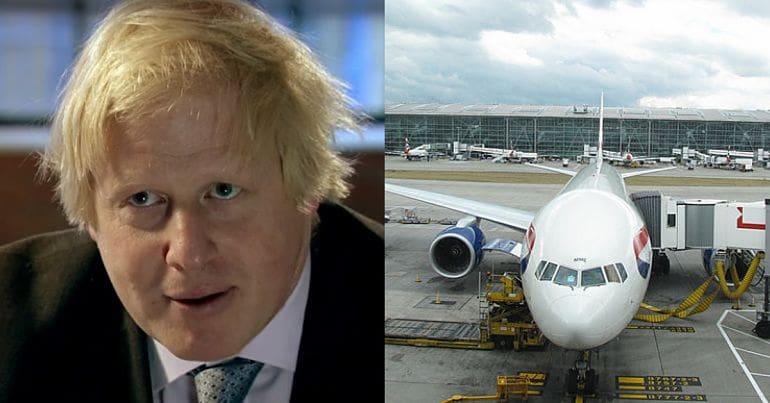 Boris Johnson and a plane on a runway at Heathrow