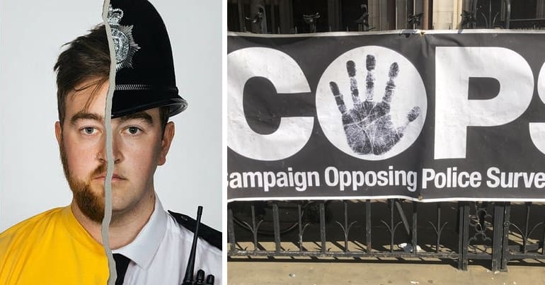 Lush spycops campaign poster and a banner for the Campaign Opposing Police Surveillance