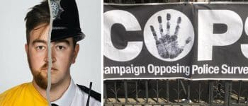Lush spycops campaign poster and a banner for the Camapaign Opposing Police Surveillance