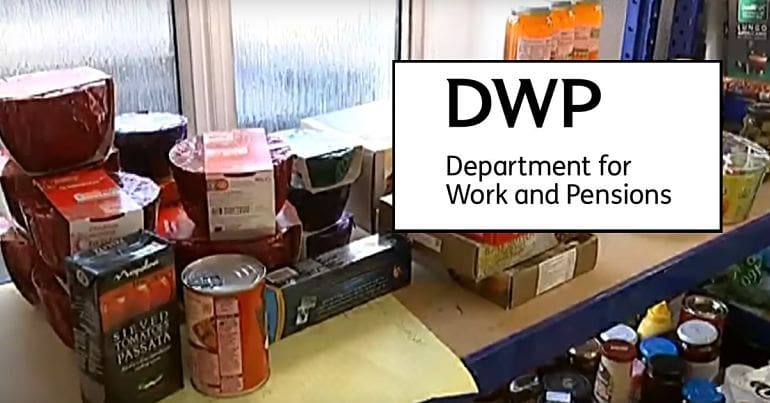 A foodbank and the DWP logo