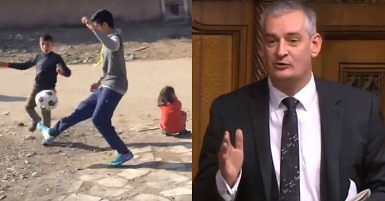 Iraqi children playing football and Labour MP Graham Jones