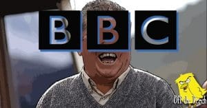 Man laughing with the BBC logo over his face