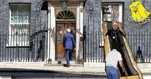 10 Downing Street with a revolving door and escape slide