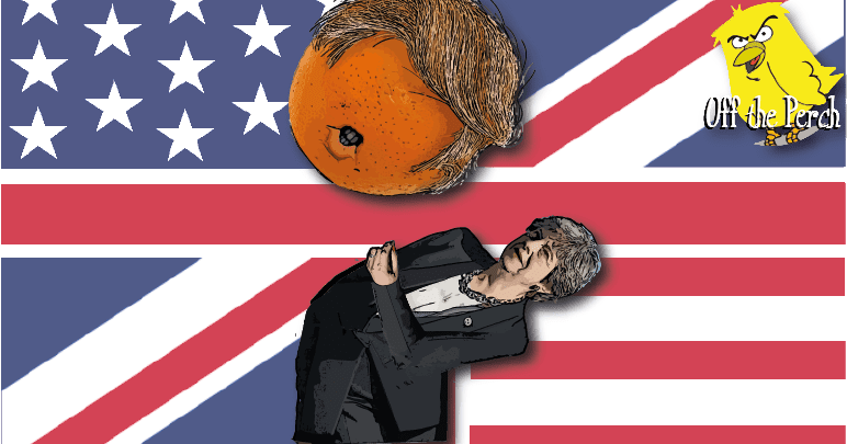 Theresa May bending over backwards looking up at tangerine head Trump