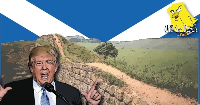 Trump in front of Hadrian's wall with a Saltire skyline