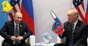 Trump meeting Putin. Putin is smiling and Trump has a foam finger with the Russian flag on it