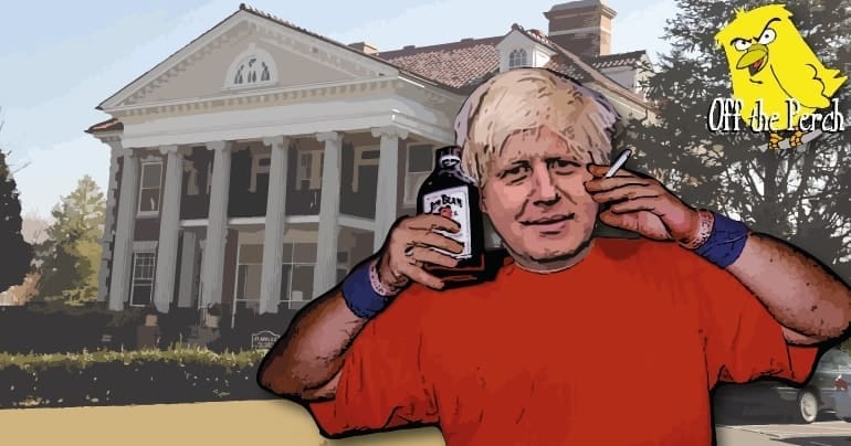 Boris Johnson with booze and a fag outside a mansion