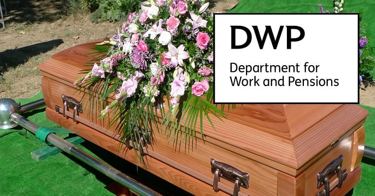 A coffin and the DWP logo