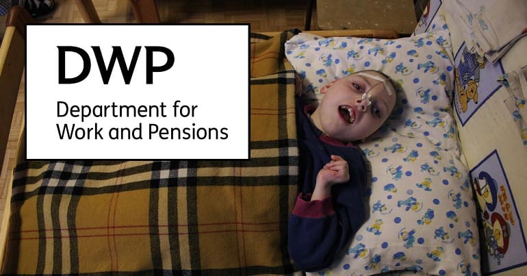 A disabled child and the DWP logo