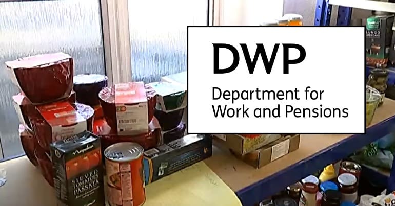 A food bank and the DWP logo